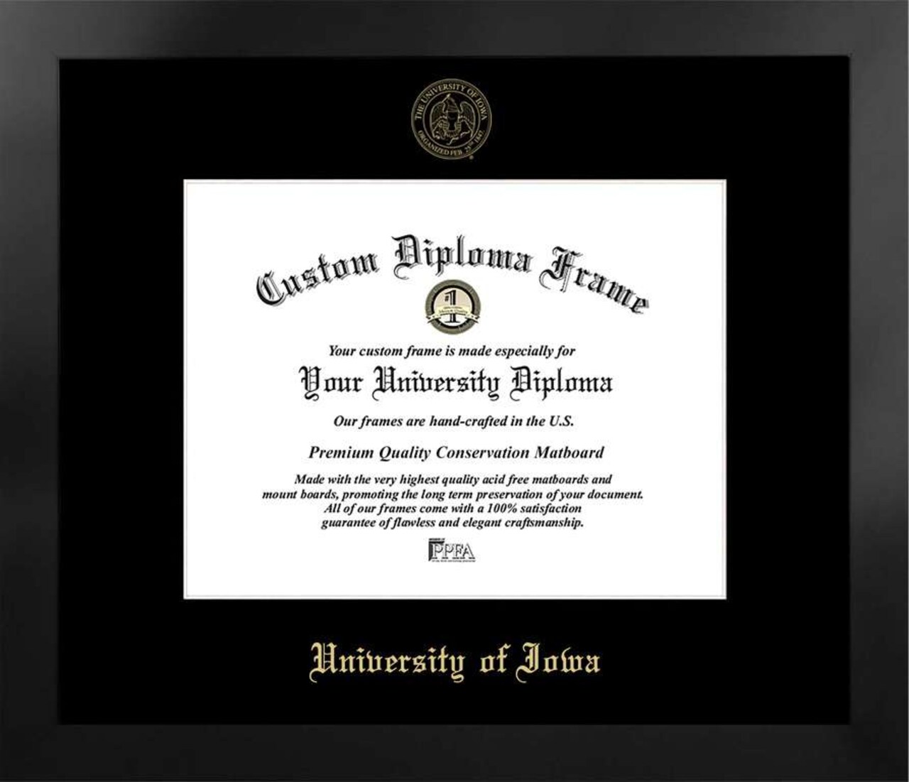 University of Iowa 11w x 8.5h Manhattan Black Single Mat Gold Embossed Diploma Frame with Bonus Campus Images Lithograph (value savings at $59)